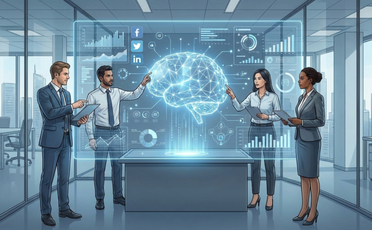 Professionals analyzing digital marketing data with AI technology